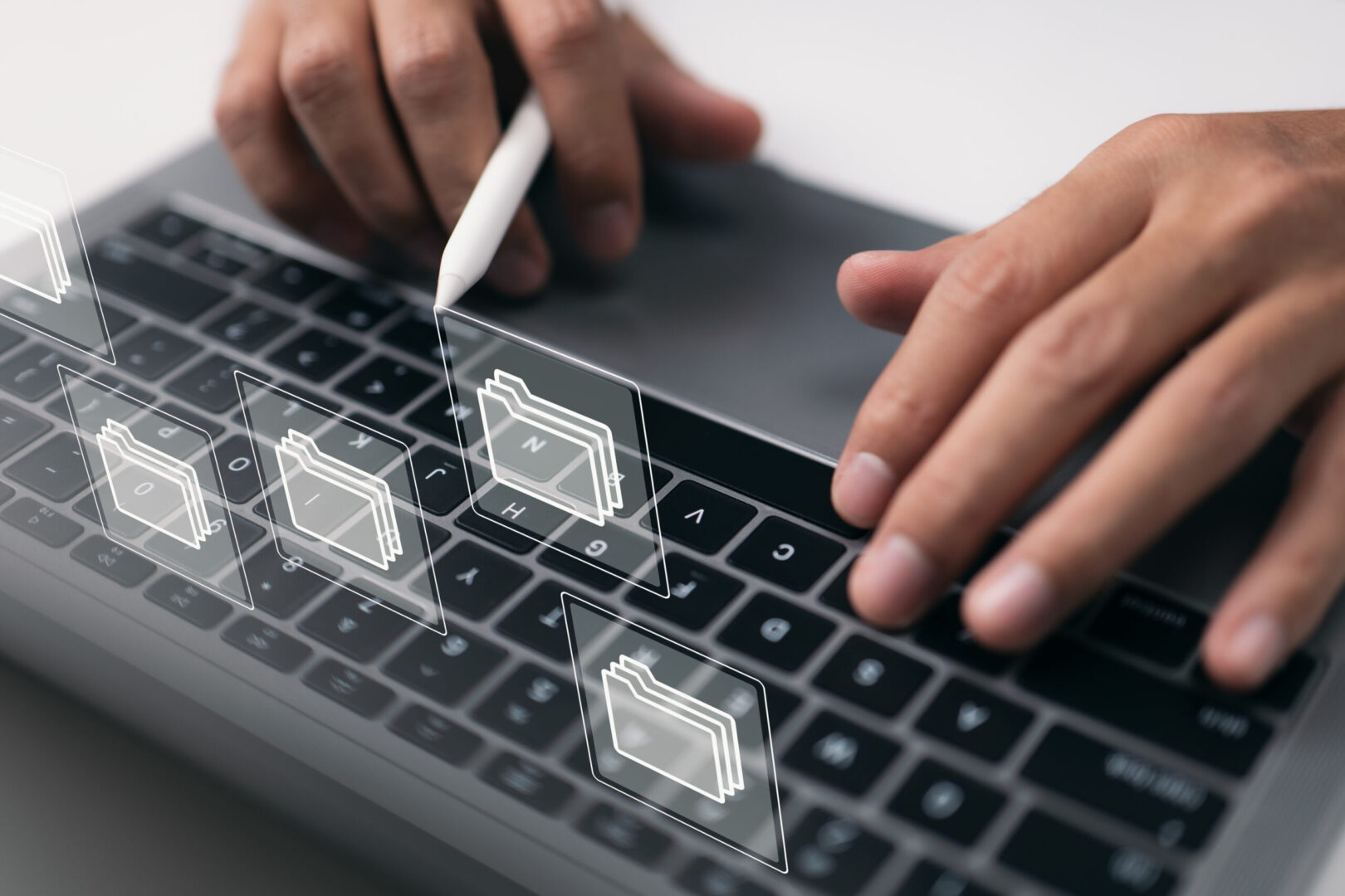 Paperless workplace concept based on e-documents. On a virtual s