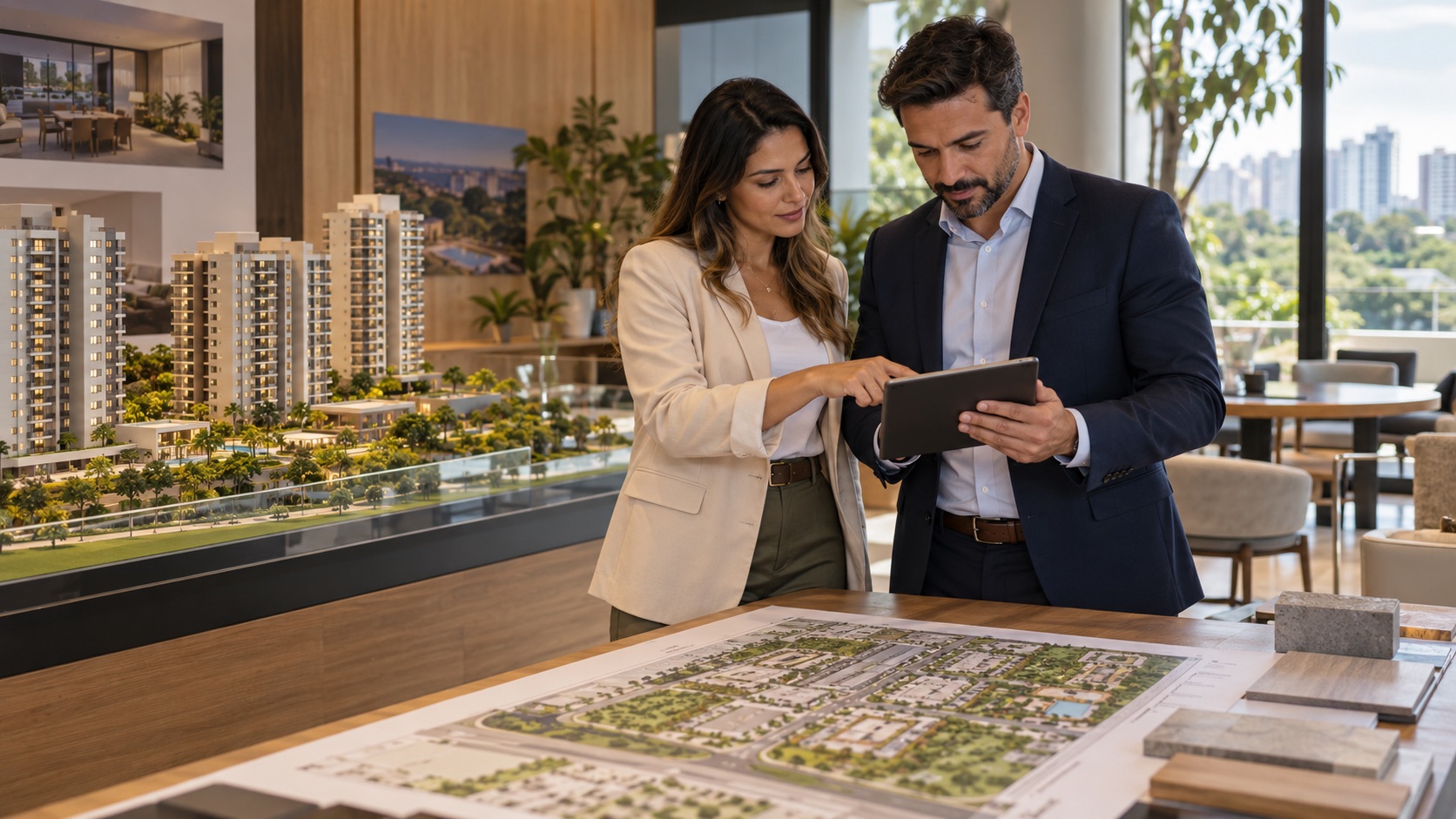 Equipe comercial avaliando aplicativos de vendas imobiliárias para um lançamento