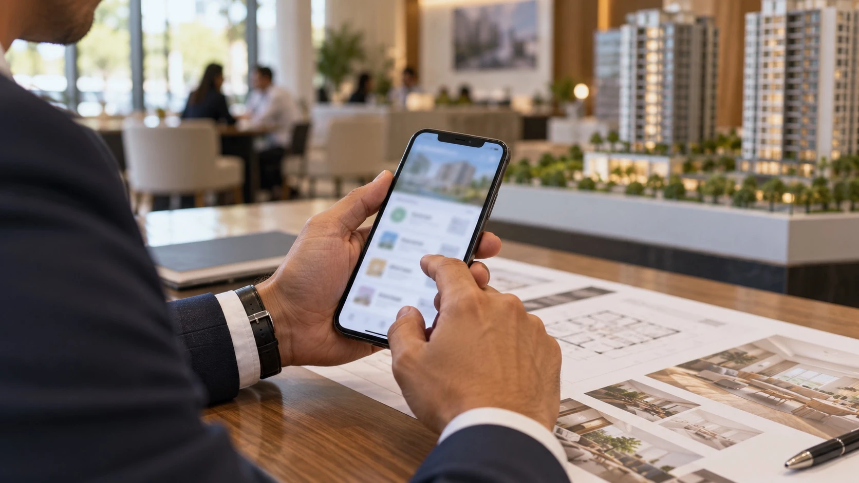 Corretor consulta aplicativo de vendas imobiliárias no celular durante um lançamento