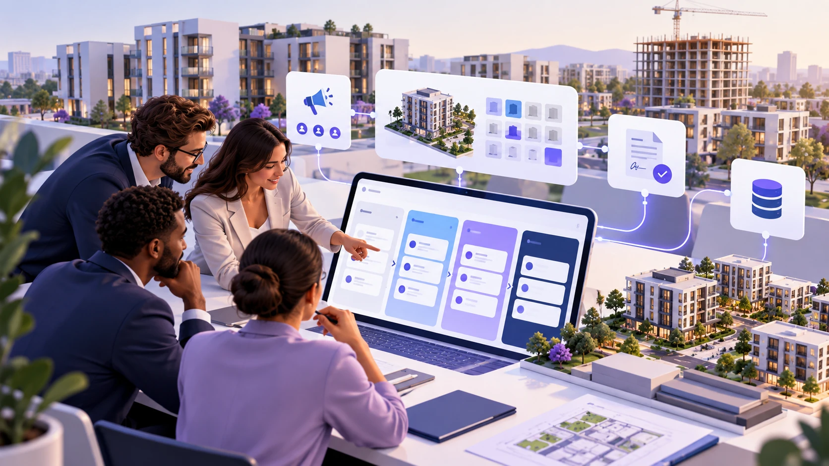 Equipe de incorporadora analisando dados comerciais em um painel de CRM imobiliário.
