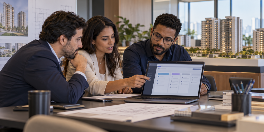 Equipe de incorporação avaliando uma POC de CRM em reunião, com painel de dados imobiliários ao fundo