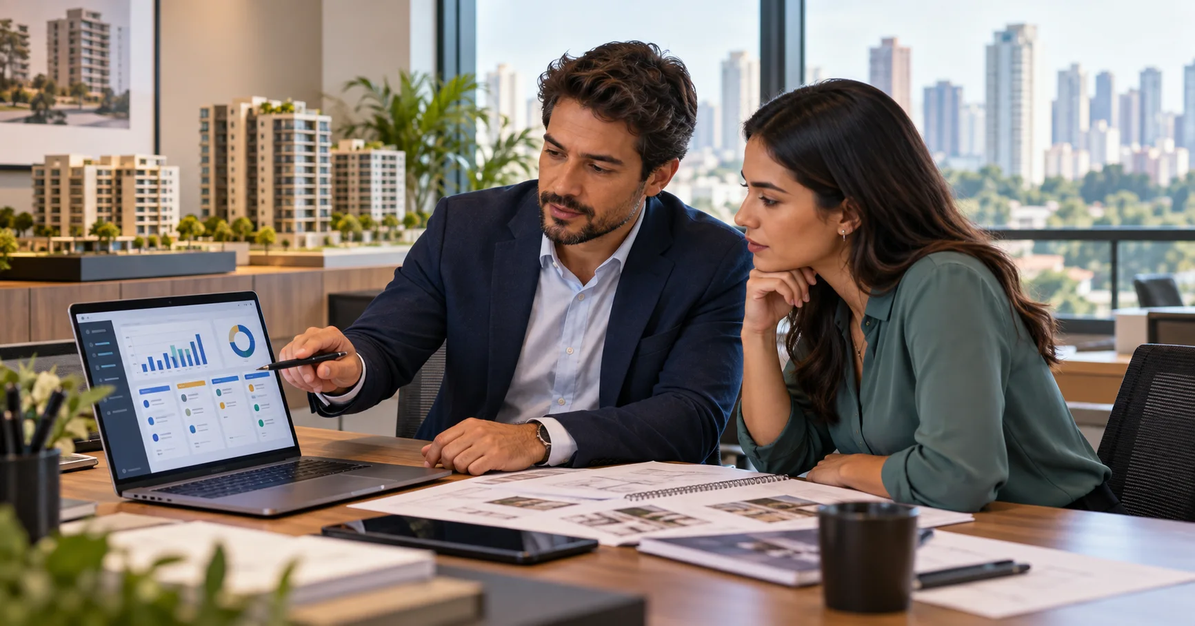 Gestora de incorporadora e analista de operações revisam a migração de CRM imobiliário em um notebook.