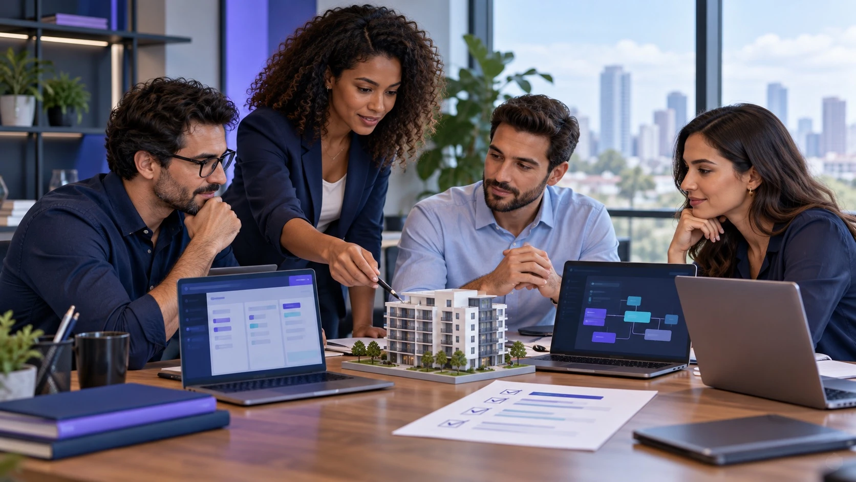 Ilustração de equipe comercial planejando a migração de CRM imobiliário com computadores e uma maquete de empreendimento